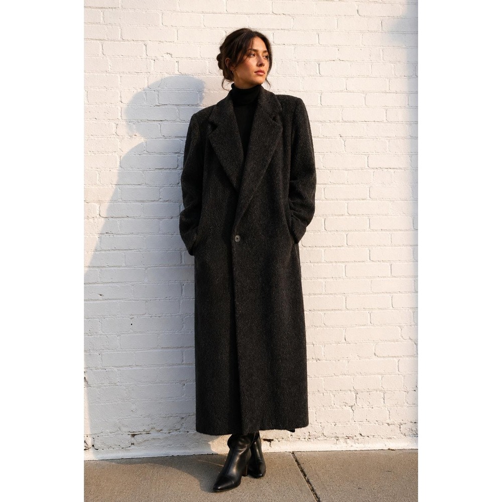 Vintage Perry Ellis Charcoal Grey Wool Alpaca Long Trench Coat Minimalist Size 4